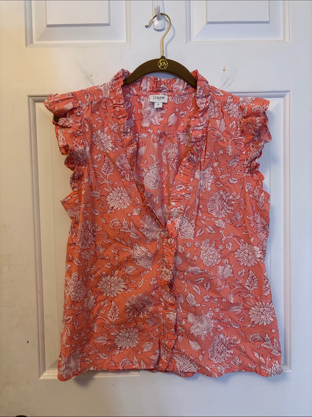 100% Cotton J. Crew Coral Floral Ruffle Sleeve Button Front Blouse Size Small S